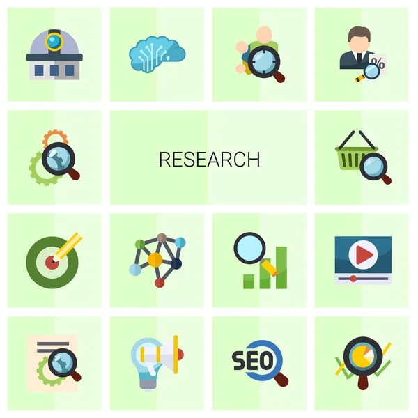 14 research flat icons set isolated on white background. Icons set with Search optimization, Target keywords, Neural network, Marketing research, observatory, AI Architecture icons. — 图库矢量图片