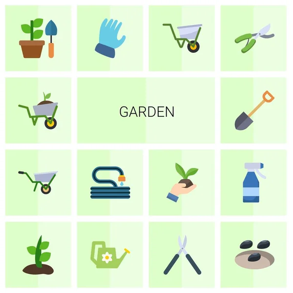 14 плоских иконок на белом фоне. Набор иконок с садовыми сервизами, тачка, сад, лопата, садоводство, перчатки, тачка, пруд . — стоковый вектор