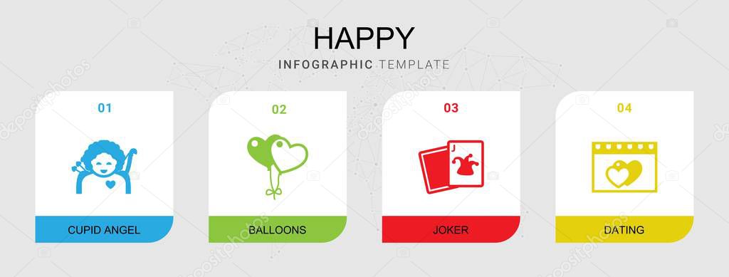 4 happy filled icons set isolated on infographic template. Icons set with cupid angel, balloons, Joker, dating icons.