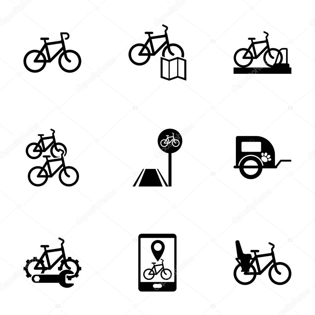 9 cycle filled icons set isolated on white background. Icons set with Bike, Bike rental map, bicycle parking, bike station, bicycle lane, pet trailer, repair service icons.