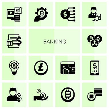 14 banking filled icons set isolated on white background. Icons set with Accounting, fintech innovation, Altcoin, Cryptocurrency, Payment Processor, fintech industry, Marketing budget icons.