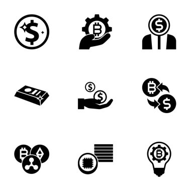 Beyaz arkaplanda 9 takas simgesi izole edildi. Net Gelir, fintech endüstrisi, Girişimcilik, Altın külçesi, bölünmeler, kripto-takas, Kripto para birimi simgeleri ile belirlenen simgeler.