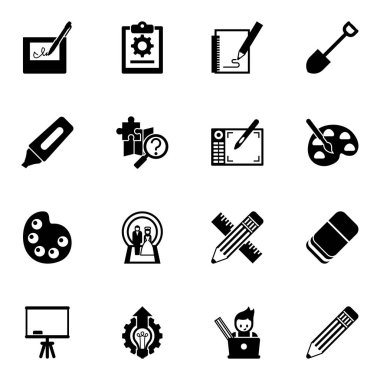 Beyaz arkaplanda izole edilmiş 16 çizim simgesi. Elektronik imzalı simgeler, proje, çizim, İşaretleyici, Görev, Grafik tableti, Sanatçılar paleti, Düğün simgeleri.