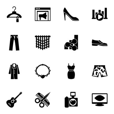 Beyaz arkaplanda 16 biçim dolu simgeler izole edildi. Giysiler, Banner reklamları, kadın ayakkabıları, pantolonlar, makrome, sosyal medya eğilimleri, palto, kolye, bit oranı simgeleri içeren simgeler.