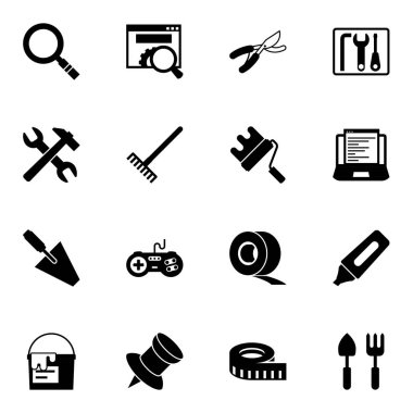 Beyaz arkaplanda 16 araç doldurulmuş simgeler izole edildi. Büyüteç, web sitesi optimizasyonu, bahçe budayıcısı, araçlar, tırmık, boya silindiri, makara, joystick, tamir kiti simgeleri ile simgeler ayarlandı.