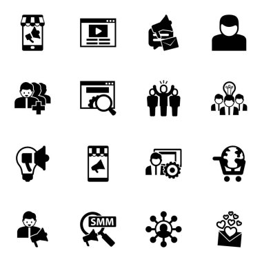 Beyaz arkaplanda izole edilmiş 16 sosyal simge. Mobil pazarlama, Video günlüğü, sosyal medya kampanyası, takipçiler, web sitesi optimizasyonu, lider, yaratıcı kampanya simgeleri ile belirlenen simgeler.