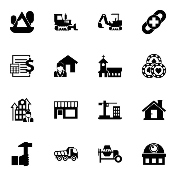 16 building filled icons set isolated on white background. Icons set with Camping, bulldozer, excavator, Accounting, Real estate service, church, Business Company, Small business icons. — Stok Vektör