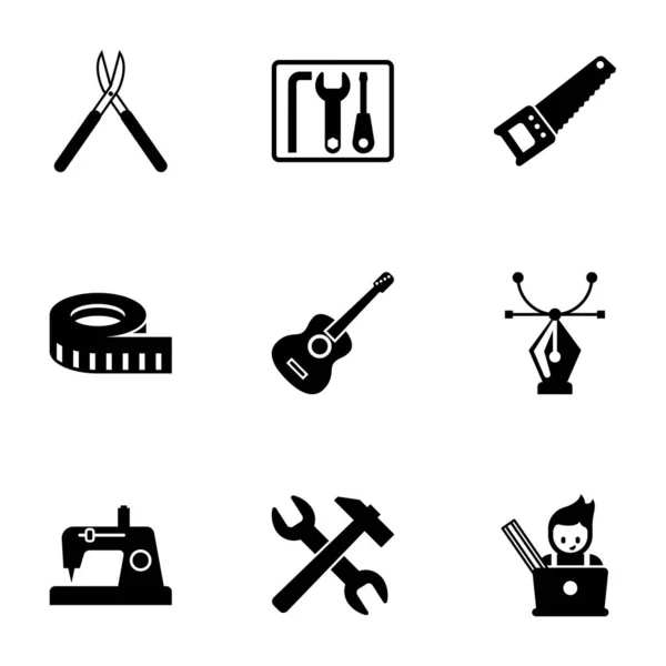 9 instrument gevulde pictogrammen geïsoleerd op witte achtergrond. Iconen set met tuinierschaar, reparatieset, Handzaag, meten, Gitaarspel, Vector, Naaien, gereedschap, grafisch ontwerper iconen. — Stockvector