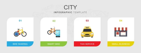 Bilgi şablonuna izole edilmiş 4 şehir simgesi. Bisiklet paylaşım, akıllı bisiklet, taksi servisi, küçük işletme simgeleri ile simgeler. — Stok Vektör
