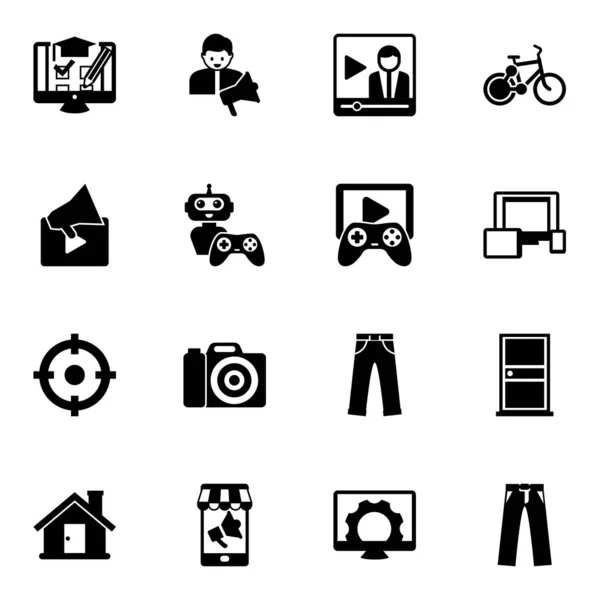 16 современных заполненных иконок на белом фоне. Icons set with shopping cart, social media specialist, Video streaming, Video marketing, NPC, Game streaming, Shooter . — стоковый вектор