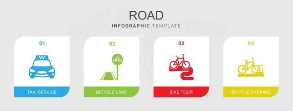 Bilgi şablonuna izole edilmiş 4 yol doldurulmuş simge. Taksi servisi, bisiklet yolu, bisiklet turu, bisiklet park simgeleri ile simgeler ayarlandı. — Stok Vektör
