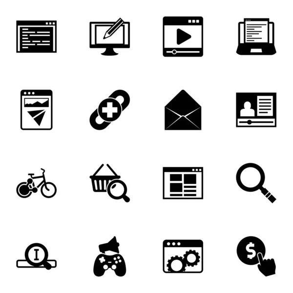16 веб-сайт заполнены иконки, изолированные на белом фоне. Icons set with coding, Digital illustration, media player, Landing page, link building, Envelopp, bike sharing . — стоковый вектор