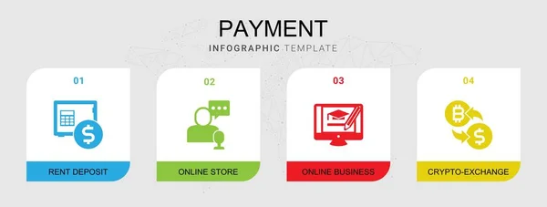 4 iconos llenos de pago establecidos aislados en la plantilla de infografía. Iconos con depósito de alquiler, tienda en línea, negocio en línea, iconos crypto-exchange . — Archivo Imágenes Vectoriales