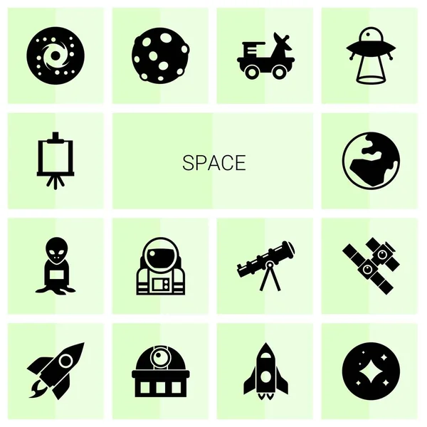 Conjunto de 14 iconos llenos de espacio aislados sobre fondo blanco. Iconos con caballete, alienígena, astronauta, globo, galaxia, luna, rover lunar, ovni, cohete, observatorio, nave espacial, estrellas iconos . Ilustraciones de stock libres de derechos