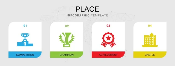 4 lugar lleno de iconos conjunto aislado en la plantilla de infografía. Iconos establecidos con la competencia, campeón, logro, iconos del castillo . Ilustración de stock