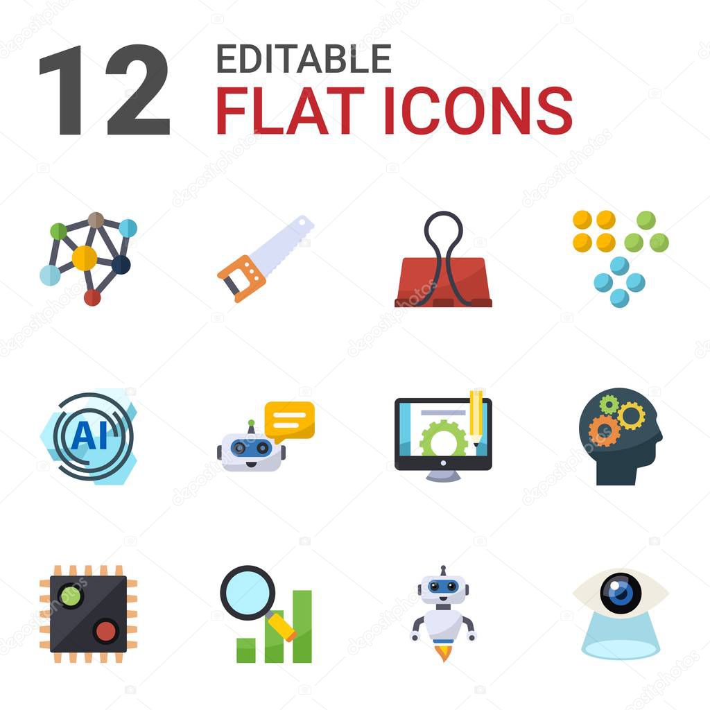 12 background flat icons set isolated on white background. Icons set with Neural network, Hand saw, Binder clip, AI Pattern, Chat Bot, Clustering, AI Decision, Semantic Analysis icons.