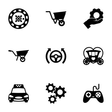 9 wheel filled icons set isolated on white background. Icons set with roulette, wheelbarrow, Services, Wheelbarrow, Autopilot, Brougham, Taxi service, cogwheel, Gaming icons. clipart
