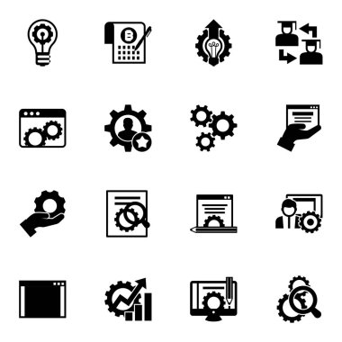 Beyaz arkaplanda 16 vites dolu simge izole edildi. İnovasyon, Akıllı Sözleşme, İnovasyon, Web sitesi optimizasyonu, beceri, çark, Hizmetler, Seo optimizasyon simgeleri ile belirlenen simgeler.