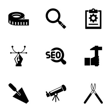 Beyaz arkaplanda 9 araç doldurulmuş simge izole edildi. Ölçüm, büyüteç, proje, Vektör, Seo, El Sanatı, mala, Astronomi, Bahçe Makas simgeleri ile ayarlanmış simgeler.