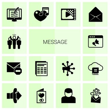 Beyaz arkaplanda izole edilmiş 14 ileti dolu simge. Lider, Spam, Sheet, Promo web sitesi, Copywriting, music, Encoding, Envelop, Call To Action, Davetiye simgeleri.