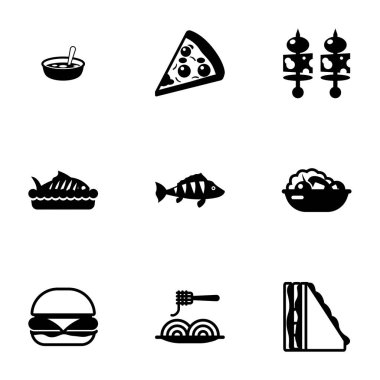 Beyaz arkaplanda 9 yemek simgesi izole edildi. Çorba, pizza, başlangıç, fırında balık, levrek, salata, burger, makarna, sandviç ikonları..