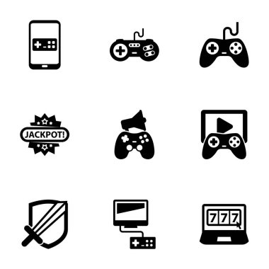 Beyaz arkaplanda 9 oyun dolu simge izole edildi. Mobil oyun, joystick, Gaming, Jackpot, In-game Advertising, Game Streaming, Rpg, Video oyunları, çevrimiçi kumarhane simgeleri ile simgeler.