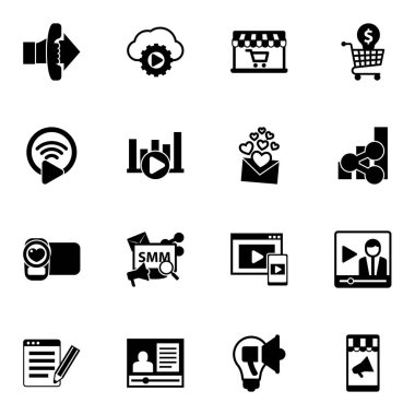 Beyaz arkaplanda izole edilmiş 16 ortam doldurulmuş simge. Call To Action, Streaming Service, Audio Conference, Livestream, Bitrate, Love Message, video çekimi simgeleri ile simgeler ayarlandı.