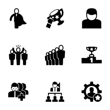 Beyaz arkaplanda izole edilmiş 9 liderlik simgesi var. İş kahramanı, başarı, Kullanıcı, lider, personel, rekabet, takipçiler, liderlik, beceri simgeleri ile belirlenmiş simgeler.