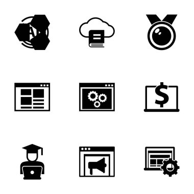 Beyaz arkaplanda 9 pankart doldurulmuş simge izole edildi. Ai Deseni, E- posta Pazarlaması, madalya, ön uç, arka uç, Bilgisayar tabanlı Eğitim, ekommerce web sitesi simgeleri.