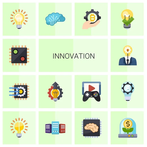14 iconos planos de innovación establecidos aislados sobre fondo blanco. Iconos con decisión de IA, aprendizaje automático, negocio de innovación, creatividad, idea, arquitectura de IA, iconos de la industria fintech . — Vector de stock