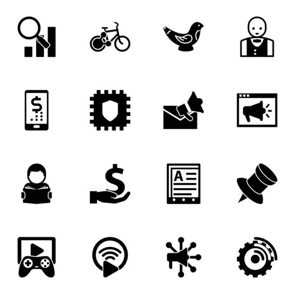 16 иконок, заполненных веб, выделены на белом фоне. Icons set with Semantic Analysis, bike sharing, toys making, digital banking, Cryptography, Email marketing, Reading. . — стоковый вектор