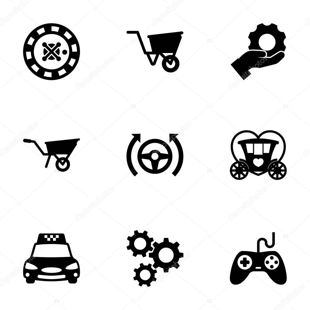 9 wheel filled icons set isolated on white background. Icons set with roulette, wheelbarrow, Services, Wheelbarrow, Autopilot, Brougham, Taxi service, cogwheel, Gaming icons.