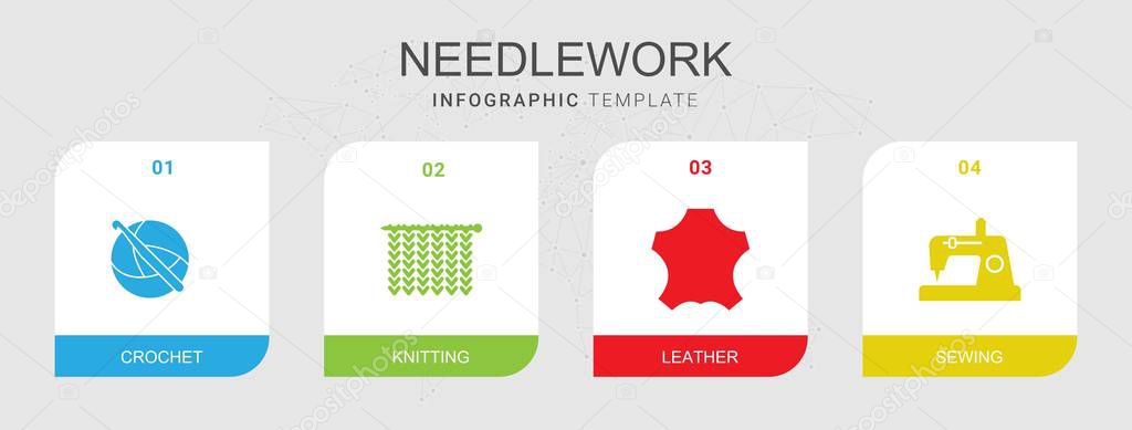 4 needlework filled icons set isolated on infographic template. Icons set with crochet, Knitting, leather, Sewing icons.