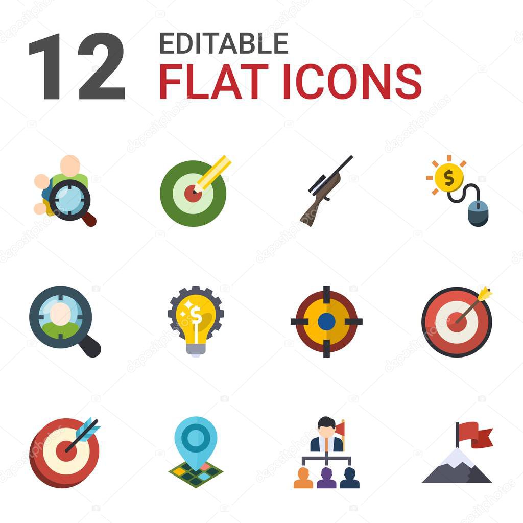 12 target flat icons set isolated on white background. Icons set with Audience targeting, Target keywords, Hunting, Target Audience, Marketing solutions, Pay per click icons.