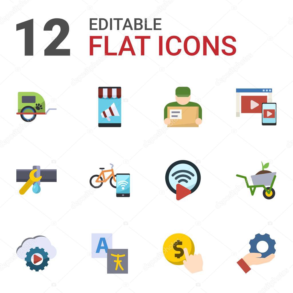 12 service flat icons set isolated on white background. Icons set with pet trailer, Mobile marketing, Delivery service, Plumbing service, Smart bike, Adaptive Streaming icons.