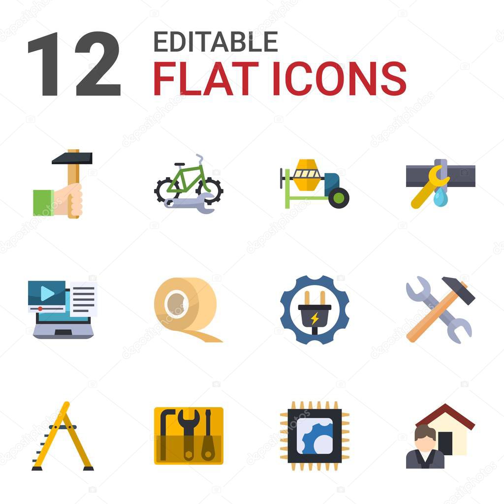 12 repair flat icons set isolated on white background. Icons set with Handicraft, bike repair service, concrete mixer, Systems Integration, Scotch tape, Plumbing service icons.