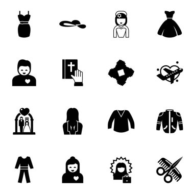 Beyaz arkaplanda izole edilmiş 16 kadın var. Elbise, kadın şapkası, gelin, kız arkadaş, yemin, başlangıç takımı, düğün töreni, iş kadını, gelinlik ikonları.