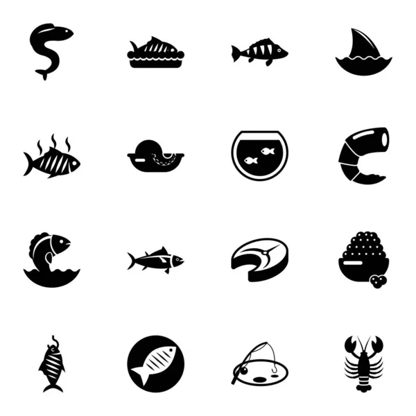 16 ryb vyplněné ikony nastavit izolované na bílém pozadí. Ikony s úhořem, pečenými rybami, okouny, grilovanými rybami, mořskými plody, akváriem, mořskými plody, tuňákem, žraločí ploutví, krevetami, uzenými ikonami. — Stockový vektor