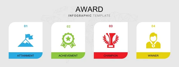 4 ícones preenchidos com prêmios isolados no modelo infográfico. Ícones definidos com a realização, realização, campeão, ícones vencedores . — Vetor de Stock