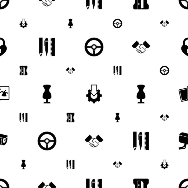 Schwarze Symbole Muster nahtlos. Beinhaltet editierbares Rassenspiel, Online-Tutorial, Anspitzer, Zeichenwerkzeuge, Nähpuppe, Partnerschaftssymbole. schwarze Icons für Web und Mobile. — Stockvektor