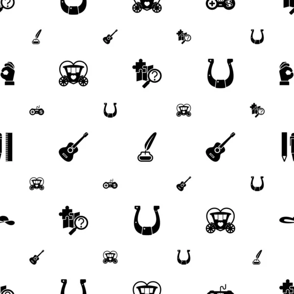 Retro icons pattern seamless. В том числе съедобный квест, чернильница, джойстик, бругам, игра на гитаре, подкова, инструменты для рисования, женская шляпа. Retro icons for web and mobile . — стоковый вектор