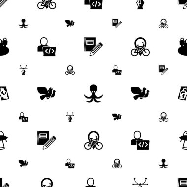 silhouette icons pattern seamless. Included editable filled Stationery, octopus, Vector, Developer, Dove, Bike rental, shorts, ufo icons. silhouette icons for web and mobile.
