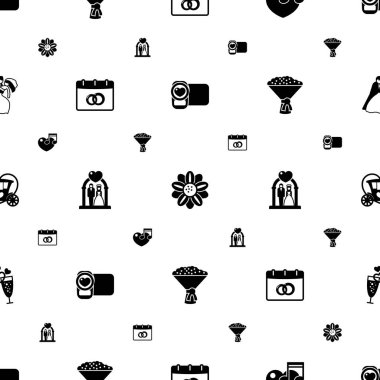 Düğün ikonları desenleri pürüzsüz. Düzenlenebilir video çekimi, çiçek tasarımı, müzik, düğün tarihi, düğün töreni, gelin buketi ikonları dahil. Web ve mobil simgeleri.