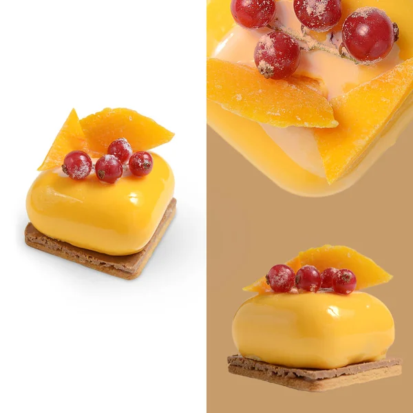 collage. yellow mousse cake decorated with red currants.