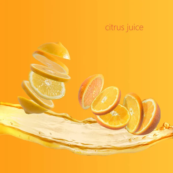 collage of sliced orange and lemon and a splash of orange juice on a orange background. place for your text.