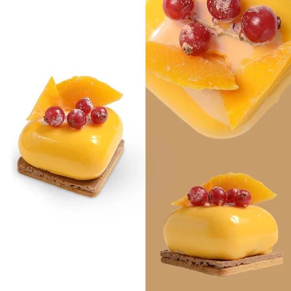 Collage Gateau En Mousse Jaune Decore De Groseilles Rouges Souffle D Amande Mangue Stock Photo