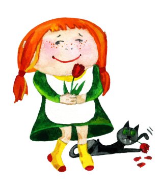 Sevgi dolu tatlı kız Kızıl saçlı, sarılmak, kalp, sevgi, Sevgililer günü, Shweta, bir kedi yiyen bir çiçek, suluboya resim