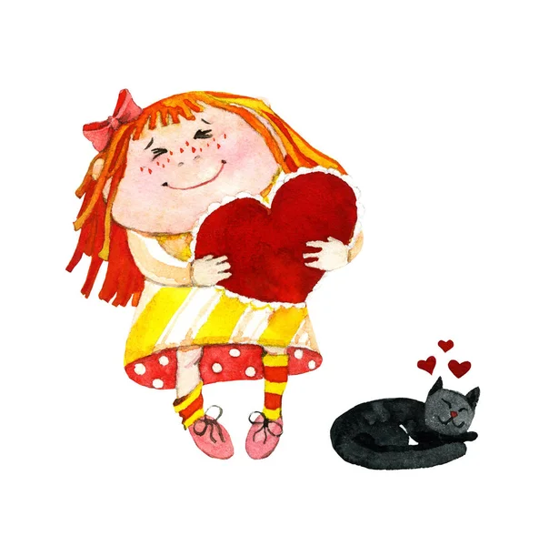 Chica dulce cariñosa con el pelo rojo, abrazo, corazón, amor, día de San Valentín, gato dulce está durmiendo y soñando con el amor, acuarela ilustración — Foto de Stock