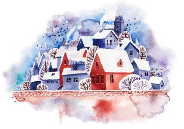 Göl ile suluboya bir şehir ile yeni yıl tebrik kartı