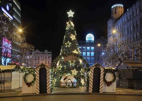 Holiday Decorations Wenceslas Square Prague Czech Republic — Stock Photo, Image